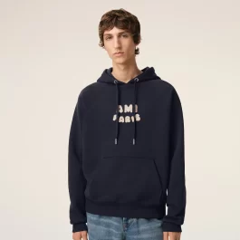 Navy Cotton Hoodie With Ami Paris